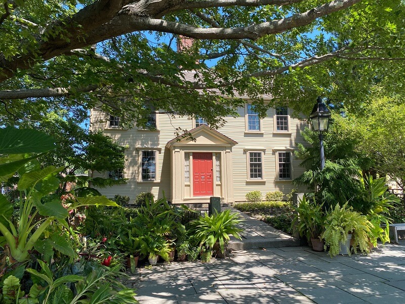 older home behind trees