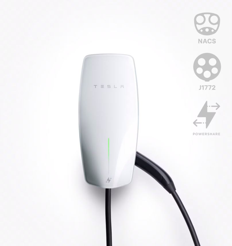tesla universal wall connector installed on garage wall