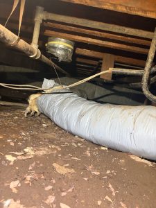 View underneath a house in a crawlspace showing old cloth electrical wiring hanging near pipes and flexible ductwork lying on the dirt ground.